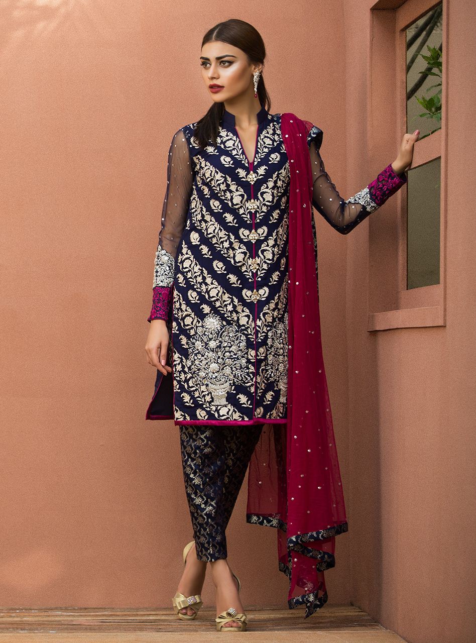 Zainab Chottani | Semi Formals | NAVY BLUE FLORAL DRESS - Pakistani Designer Dress - by Zainab Chottani | Type: Formal - 100% Original at Saira Sultan