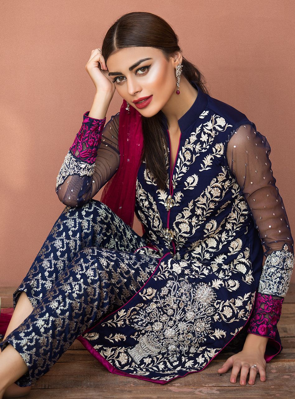 Zainab Chottani | Semi Formals | NAVY BLUE FLORAL DRESS - Pakistani Designer Dress - by Zainab Chottani | Type: Formal - 100% Original at Saira Sultan