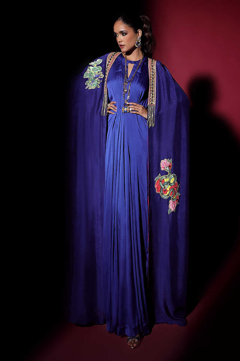 Wardha Saleem | Luxury Pret Fusion Wear | NOVA CAPE WITH DRAPE (2PC) XL Cobalt Blue Korean Silk