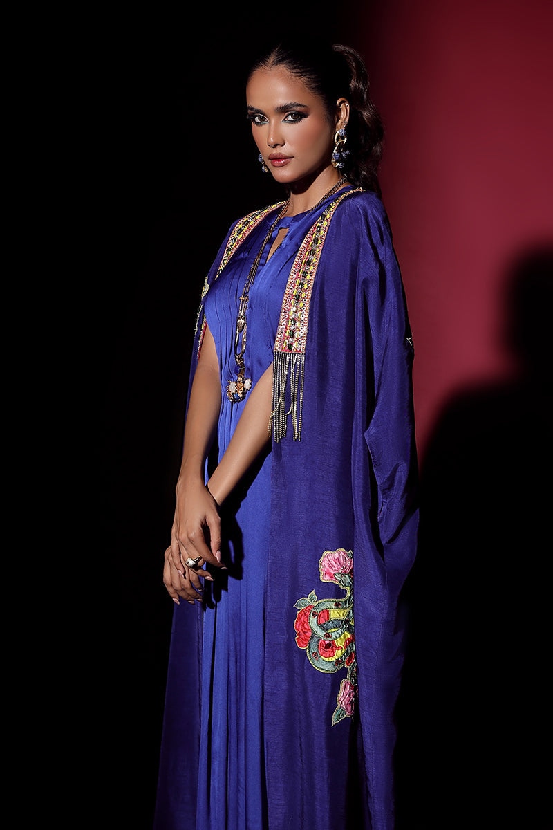 Wardha Saleem | Luxury Pret Fusion Wear | NOVA CAPE WITH DRAPE (2PC) M Cobalt Blue Korean Silk