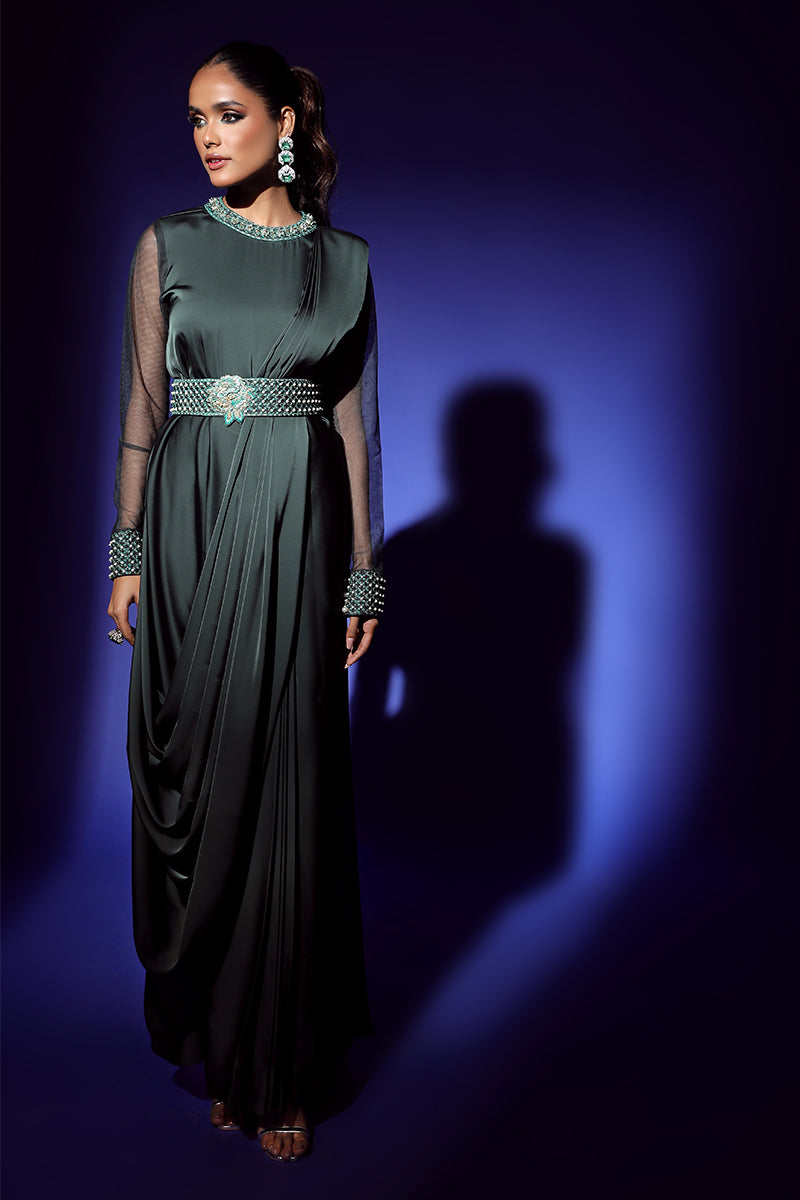 Wardha Saleem | Luxury Pret Fusion Wear | ZEPHYR SAREE DRAPE WITH BELT (2PC) XS Bottle Green Shamoz Silk