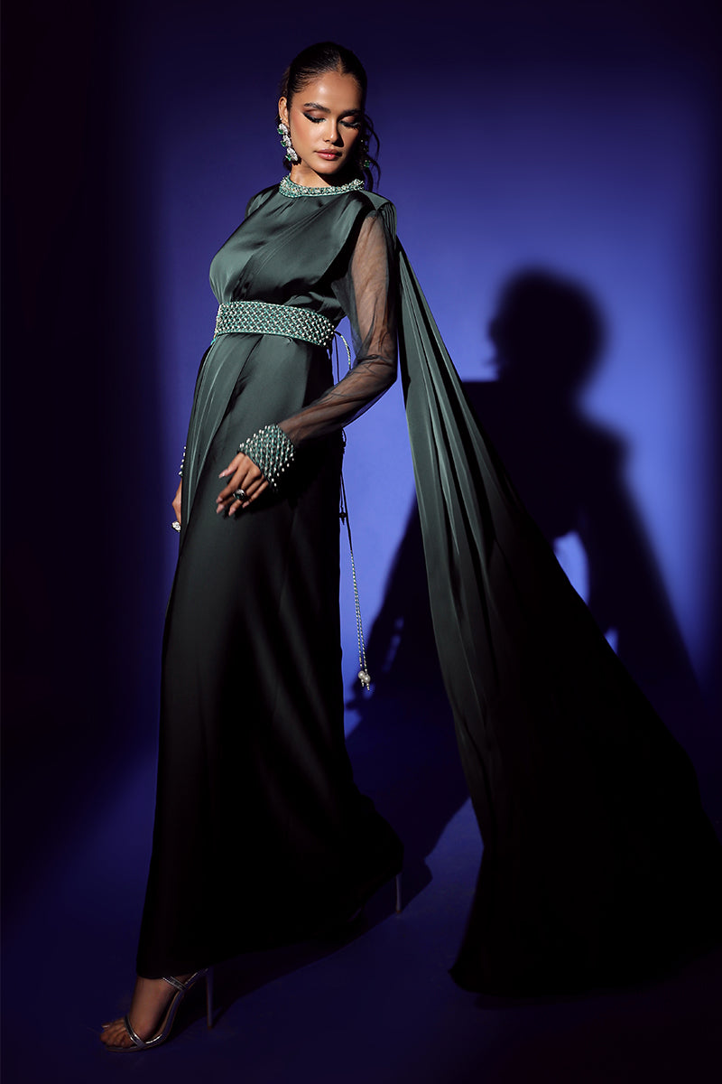 Wardha Saleem | Luxury Pret Fusion Wear | ZEPHYR SAREE DRAPE WITH BELT (2PC) Custom Size Bottle Green Shamoz Silk