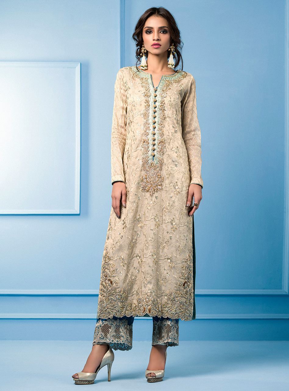 Zainab Chottani | Semi Formals | BEIGE AND TURQUOISE - Pakistani Designer Dress - by Zainab Chottani | Type: Formal - 100% Original at Saira Sultan