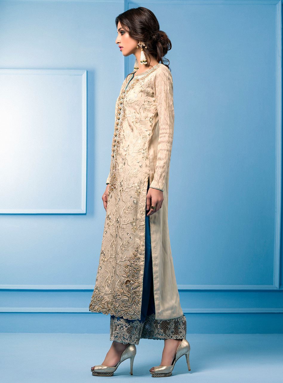 Zainab Chottani | Semi Formals | BEIGE AND TURQUOISE - Pakistani Designer Dress - by Zainab Chottani | Type: Formal - 100% Original at Saira Sultan