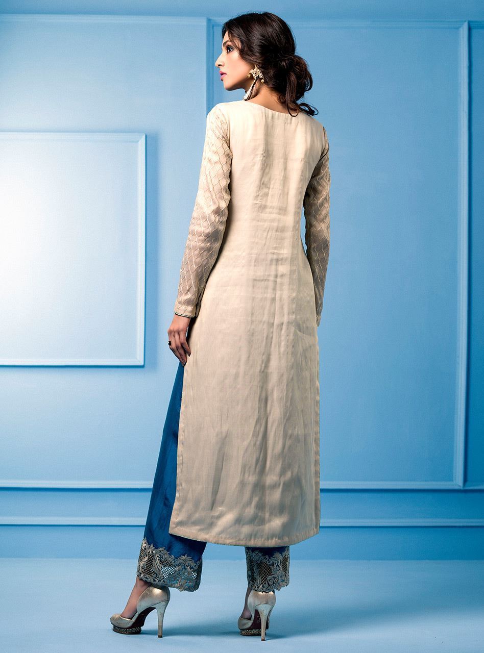 Zainab Chottani | Semi Formals | BEIGE AND TURQUOISE - Pakistani Designer Dress - by Zainab Chottani | Type: Formal - 100% Original at Saira Sultan