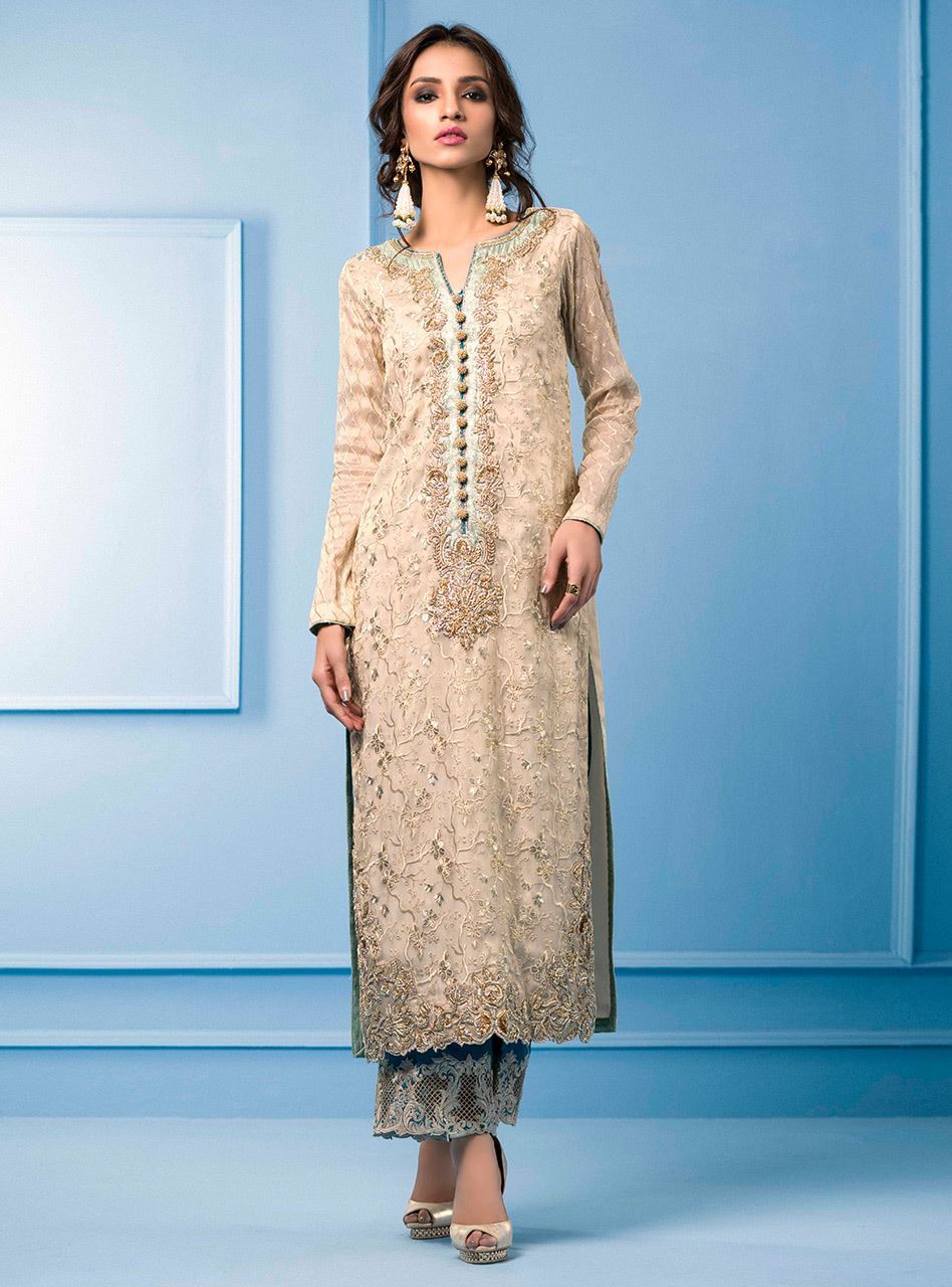 Zainab Chottani | Semi Formals | BEIGE AND TURQUOISE - Pakistani Designer Dress - by Zainab Chottani | Type: Formal - 100% Original at Saira Sultan