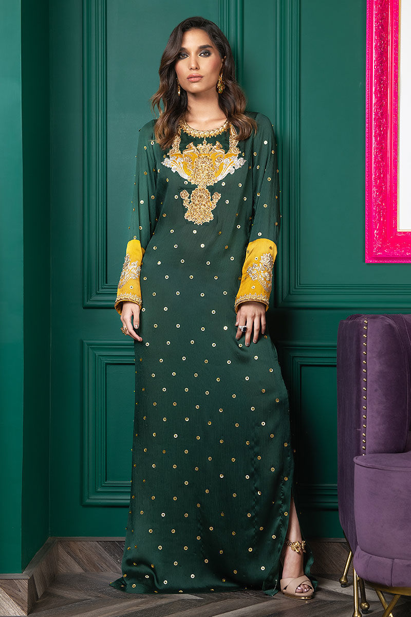 Wardha Saleem | Luxury Pret Fusion Wear | WS22-034 XS Bottle Green Zardozi