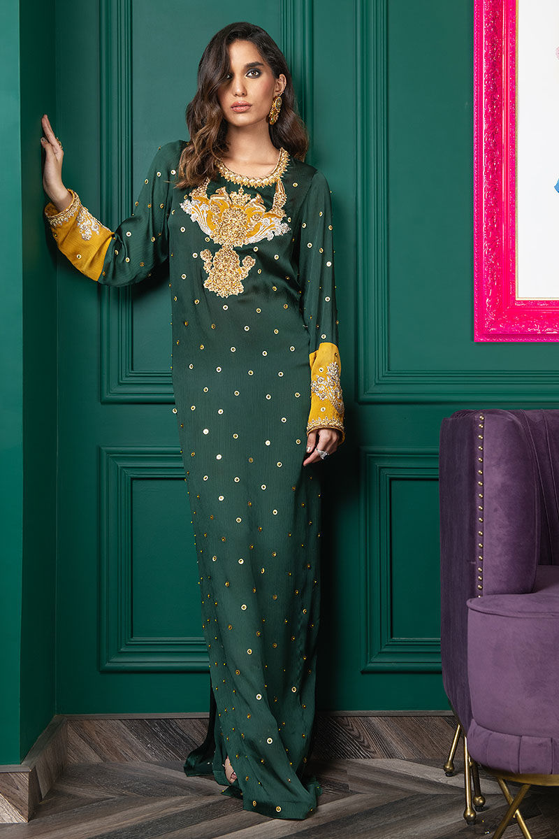 Wardha Saleem | Luxury Pret Fusion Wear | WS22-034 XL Bottle Green Zardozi