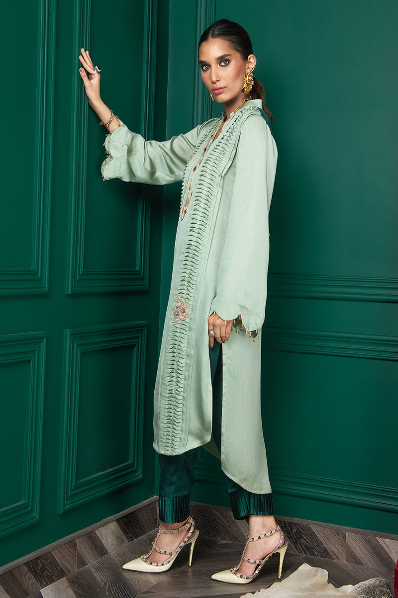 Wardha Saleem | Luxury Pret Fusion Wear | WS22-028 L Mint Green Zardozi