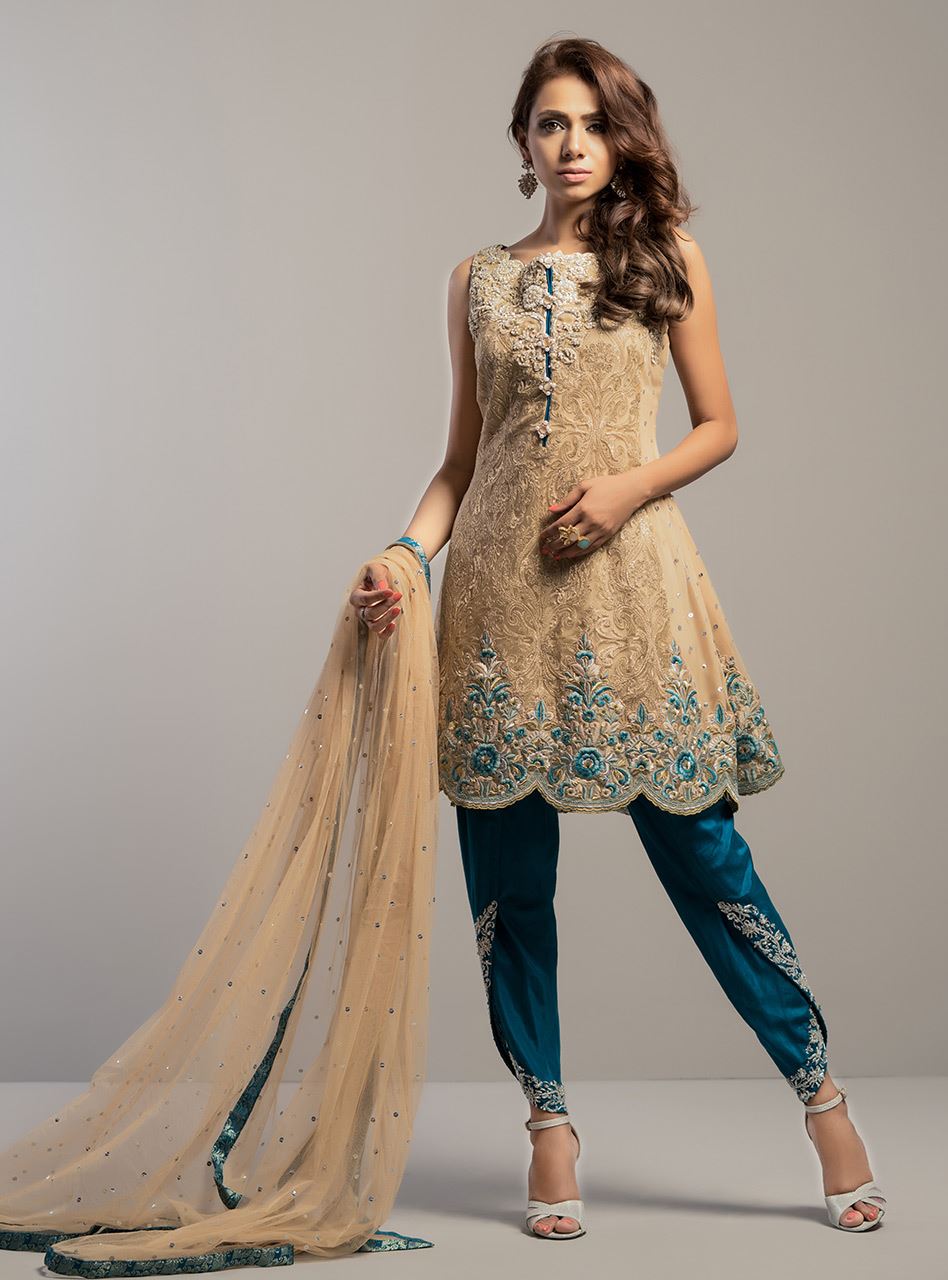 Zainab Chottani | Semi Formals | BEIGE GOLD WITH TEAL DRESS - Pakistani Designer Dress - by Zainab Chottani | Type: Formal - 100% Original at Saira Sultan