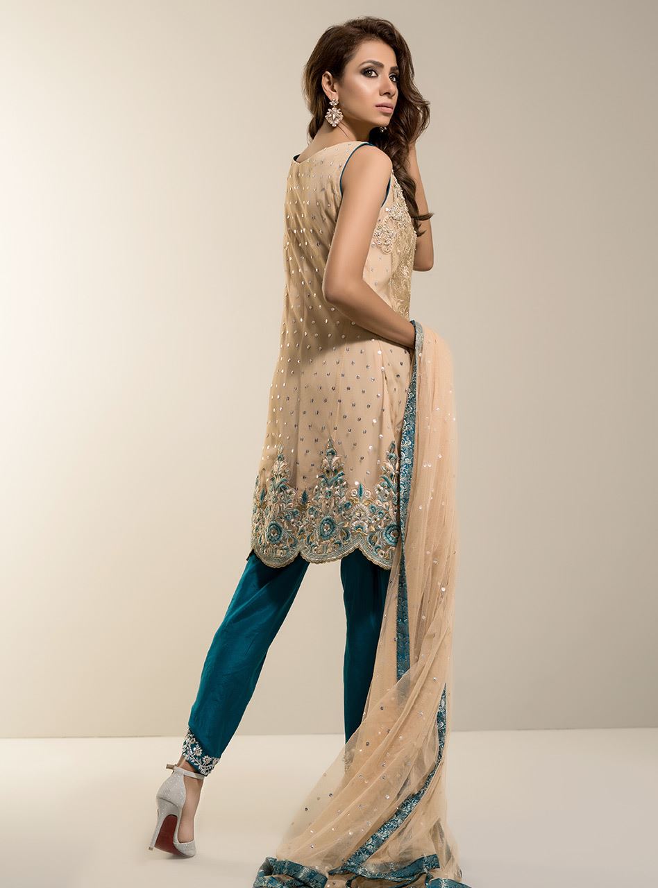 Zainab Chottani | Semi Formals | BEIGE GOLD WITH TEAL DRESS - Pakistani Designer Dress - by Zainab Chottani | Type: Formal - 100% Original at Saira Sultan