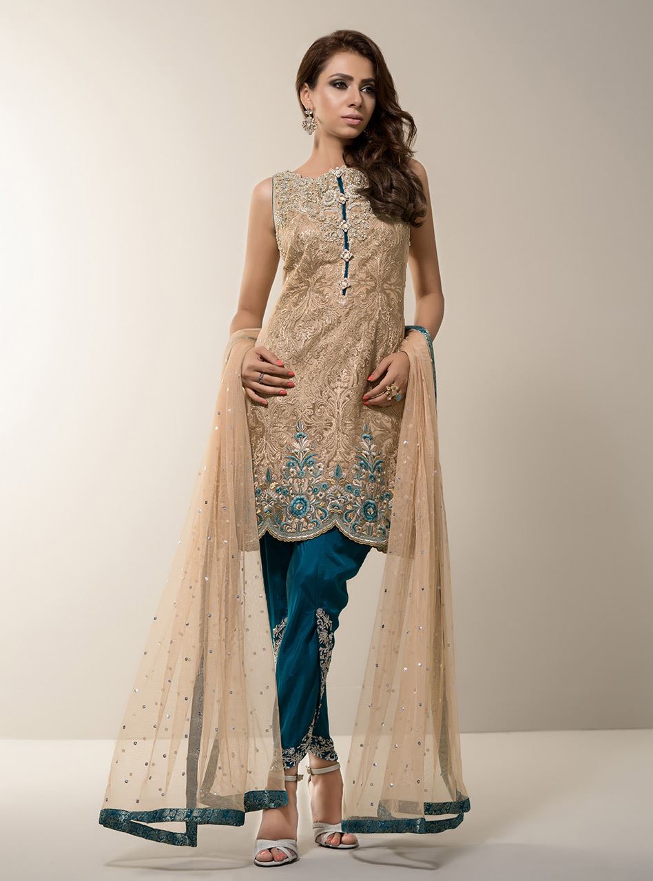 Zainab Chottani | Semi Formals | BEIGE GOLD WITH TEAL DRESS - Pakistani Designer Dress - by Zainab Chottani | Type: Formal - 100% Original at Saira Sultan