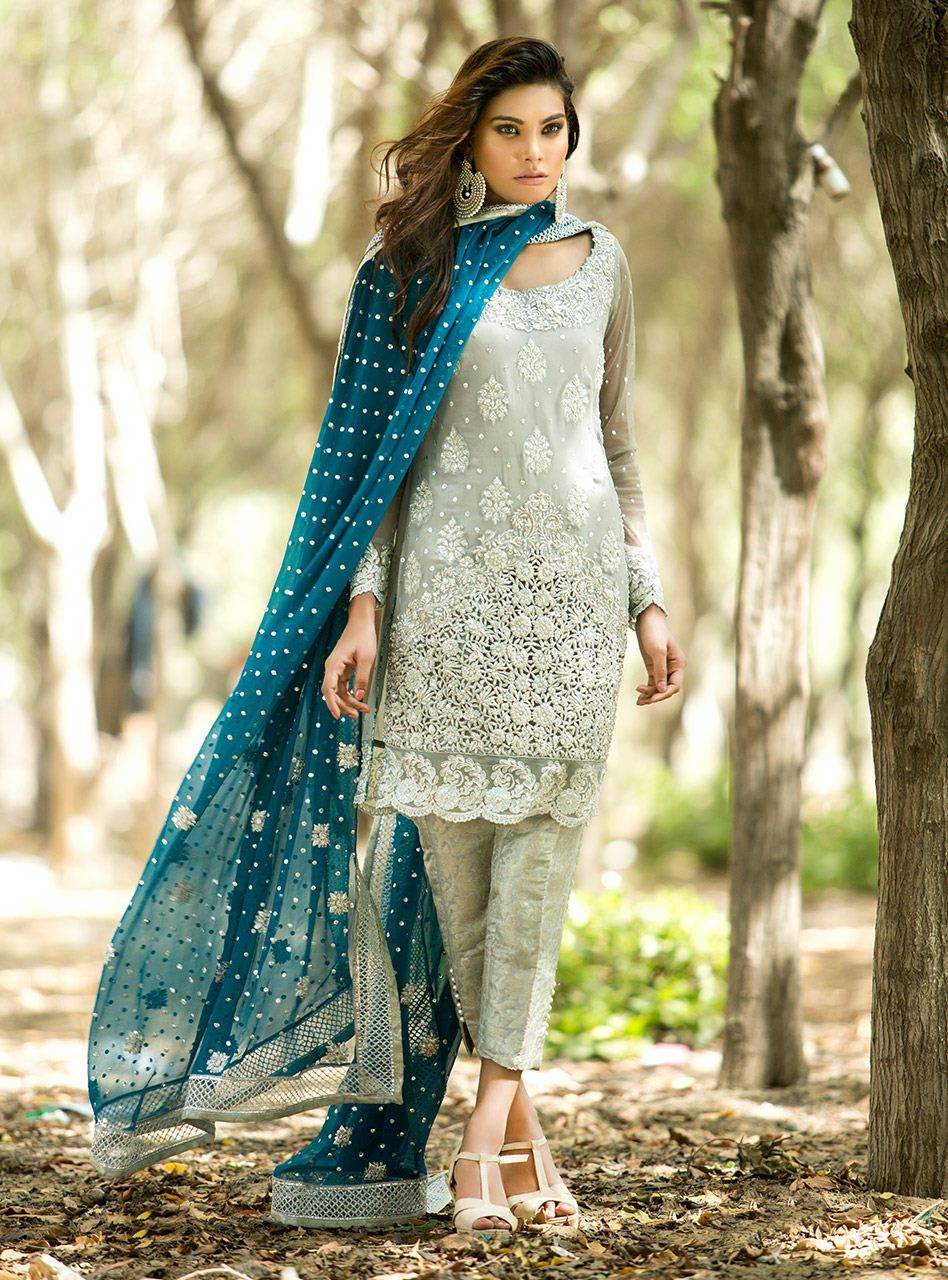 Zainab Chottani | Semi Formals | SILVER AND TEAL DRESS - Pakistani Designer Dress - by Zainab Chottani | Type: Ladies Clothes - 100% Original at Saira Sultan