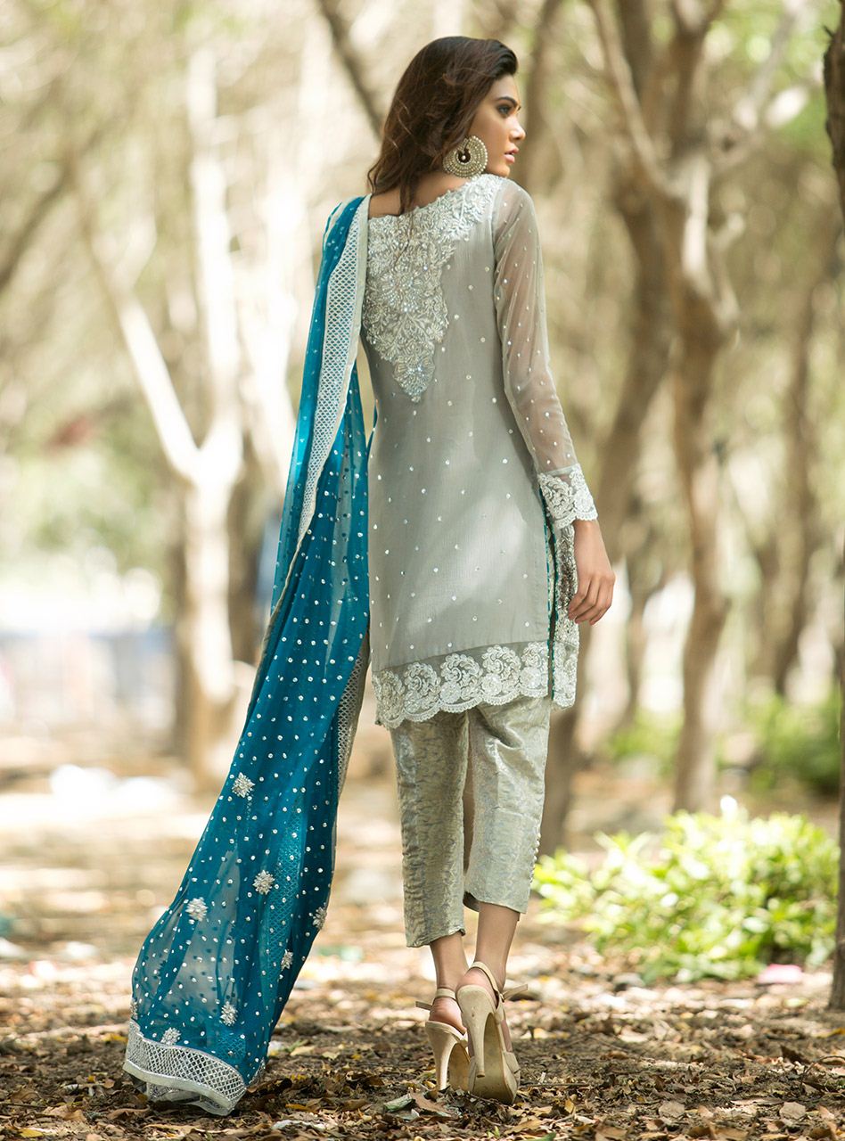Zainab Chottani | Semi Formals | SILVER AND TEAL DRESS - Pakistani Designer Dress - by Zainab Chottani | Type: Ladies Clothes - 100% Original at Saira Sultan