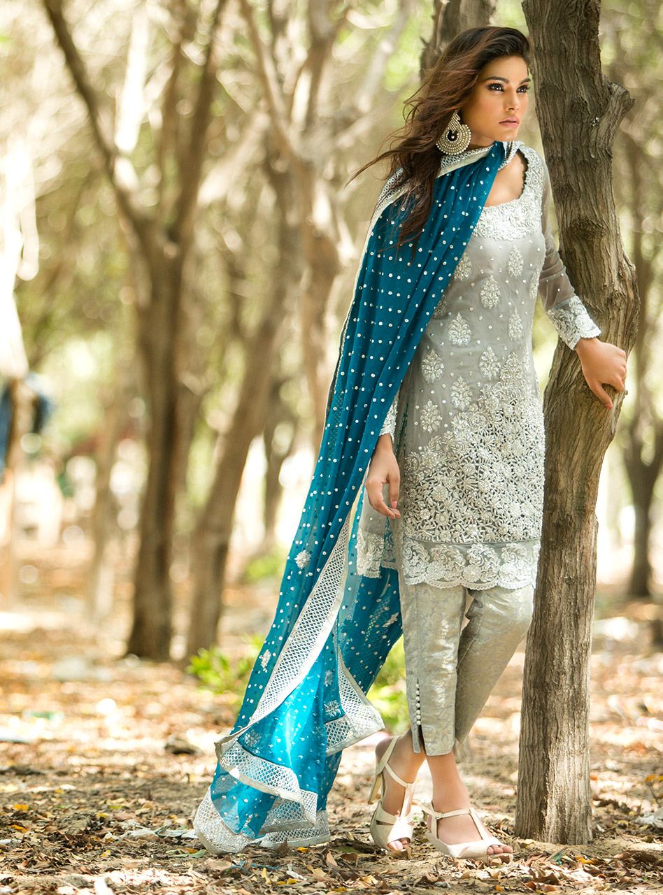 Zainab Chottani | Semi Formals | SILVER AND TEAL DRESS - Pakistani Designer Dress - by Zainab Chottani | Type: Ladies Clothes - 100% Original at Saira Sultan