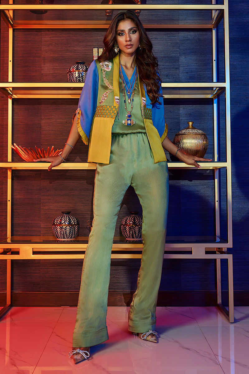 Wardha Saleem | Luxury Pret Fusion Wear | HUMMING BIRD JUMPSUIT XS Pistachio Green Female
