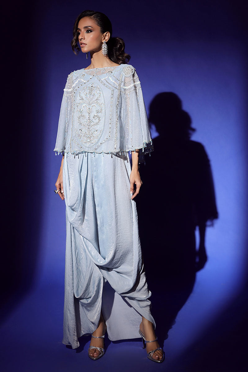 Wardha Saleem | Luxury Pret Fusion Wear | AURA CAPE WITH DRAPE (2PC) XL Ice Blue Net