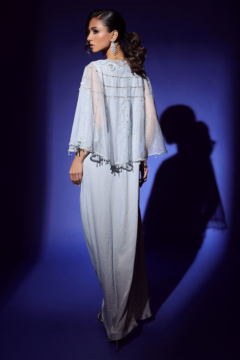 Wardha Saleem | Luxury Pret Fusion Wear | AURA CAPE WITH DRAPE (2PC) S Ice Blue Net
