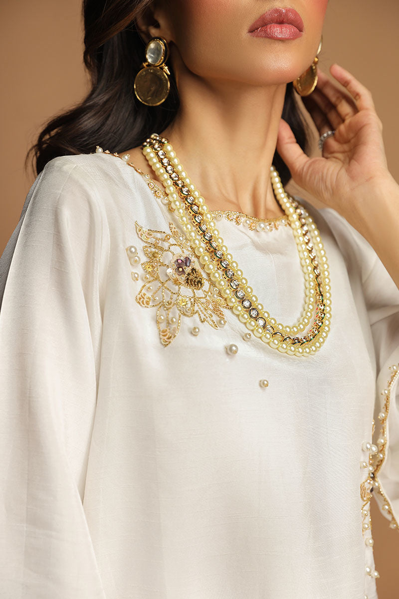 Wardha Saleem | Luxury Pret Traditional Wear | RIVIE RE (2PC) M White Korean Raw Silk