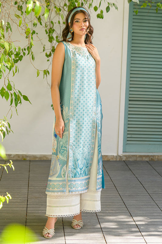 Fatima Khan | Eid Digital Silk Prints | Teal Tropics XS Pastel Blue Silk