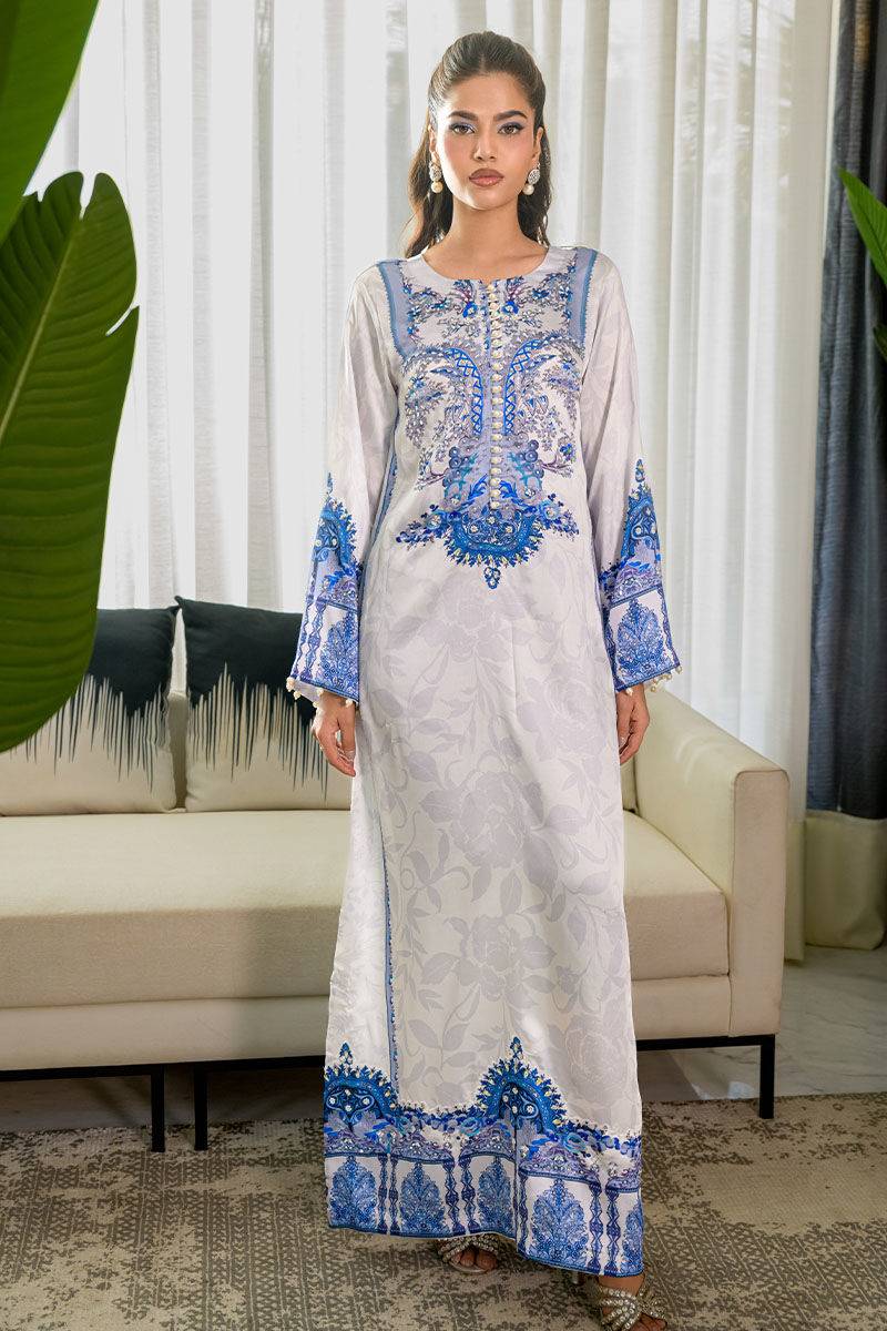 Fatima Khan | Eid Digital Silk Prints | White Opal - Pakistani Designer Dress - by Hoorain Designer Wear | Type: - 100% Original at Saira Sultan