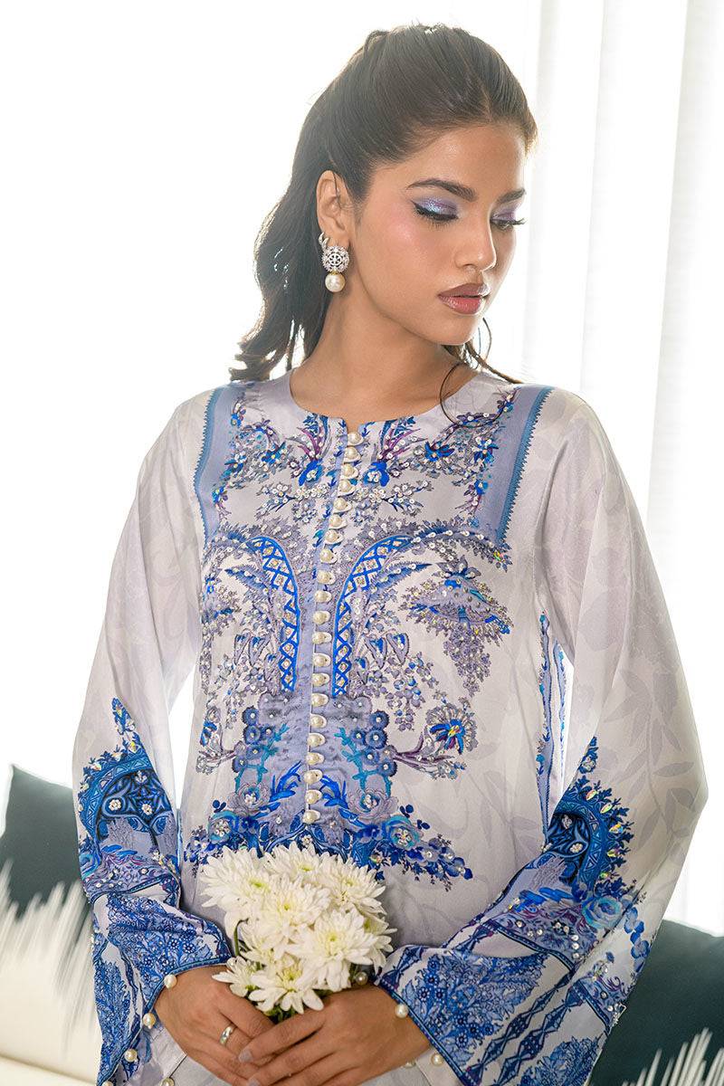 Fatima Khan | Eid Digital Silk Prints | White Opal - Pakistani Designer Dress - by Hoorain Designer Wear | Type: - 100% Original at Saira Sultan