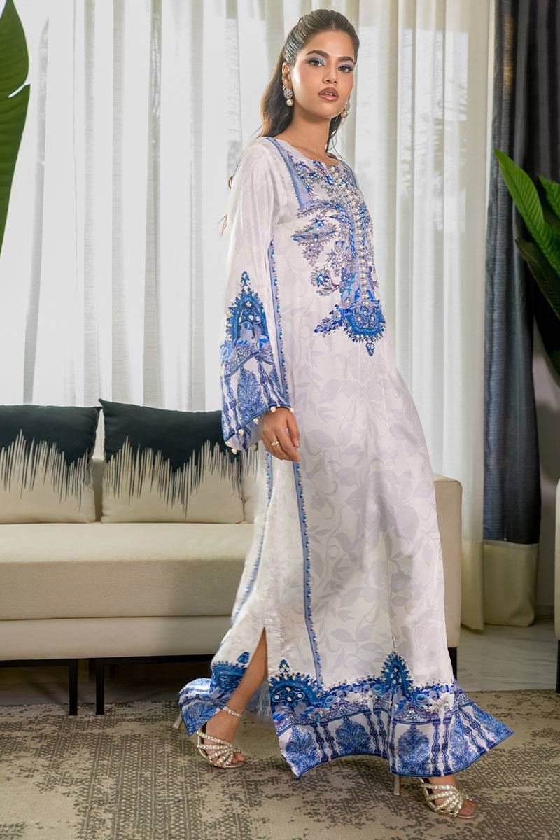 Fatima Khan | Eid Digital Silk Prints | White Opal - Pakistani Designer Dress - by Hoorain Designer Wear | Type: - 100% Original at Saira Sultan