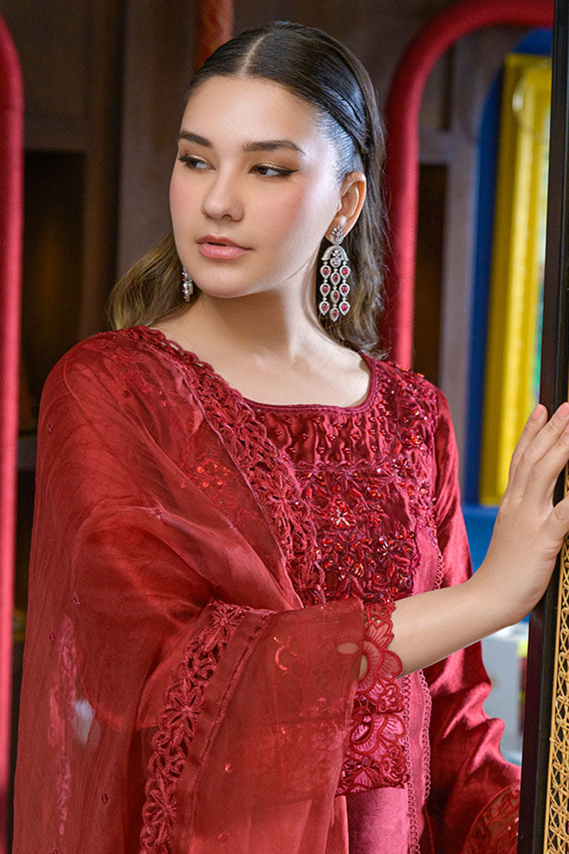 Fatima Khan | La Fleur Eid Edit | Scarlet L Deep Red Cotton Silk