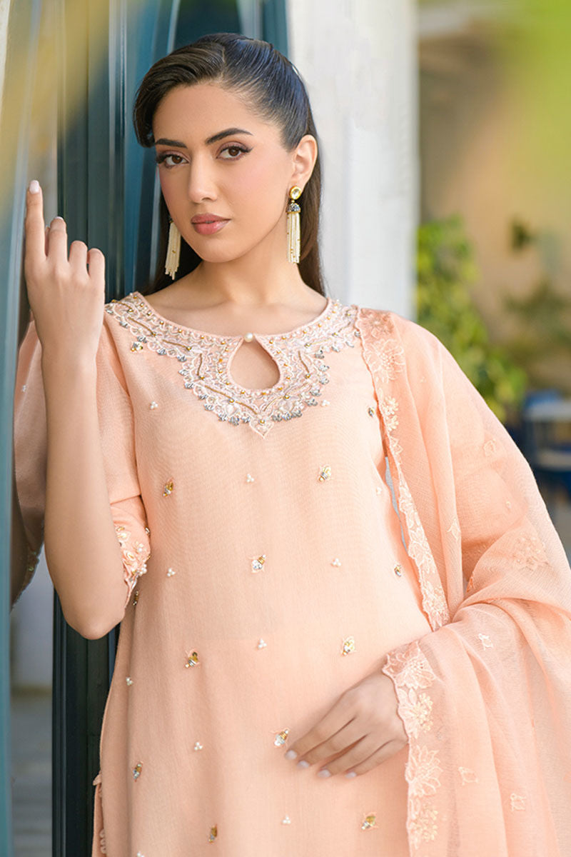Fatima Khan | La Fleur Eid Edit | Peach Buzz M Pale Peach Khadi Net