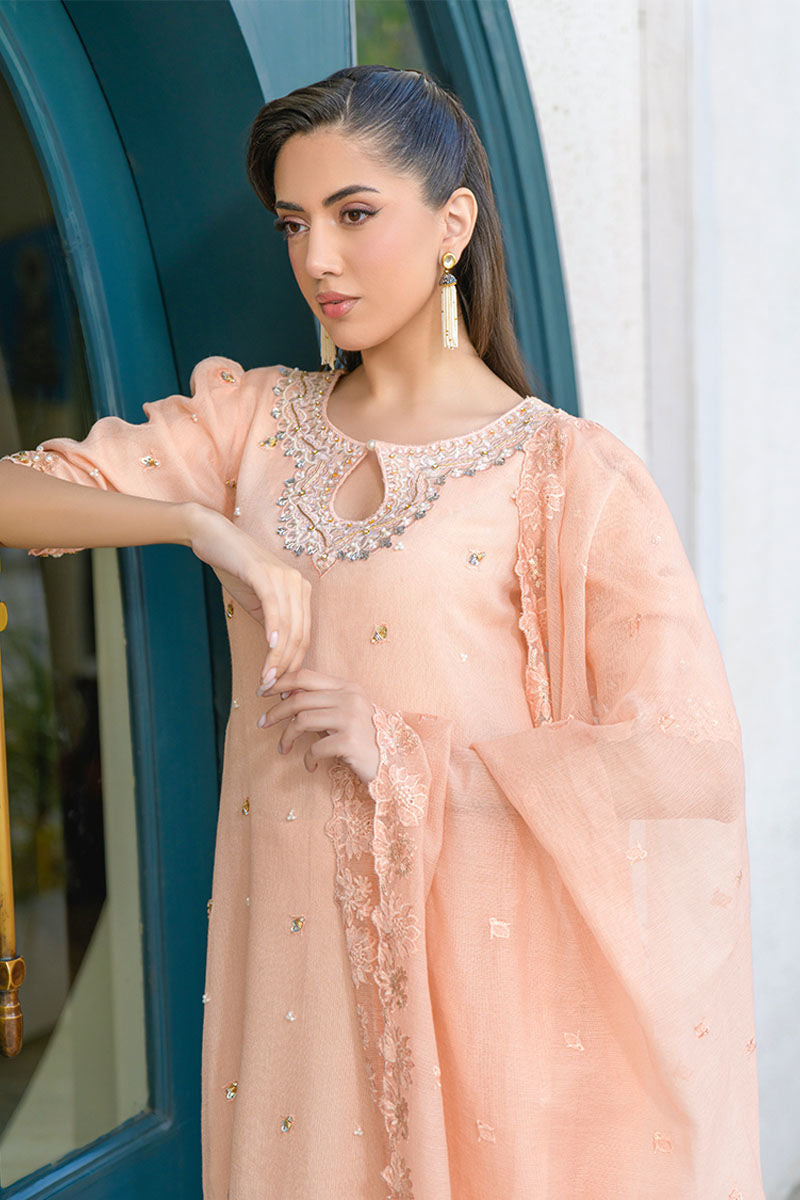 Fatima Khan | La Fleur Eid Edit | Peach Buzz L Pale Peach Khadi Net