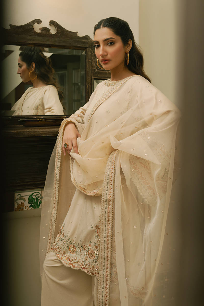 MNR | Ashiyana Festive Eid Collection 25 | Zaina L Beige Cotton Net