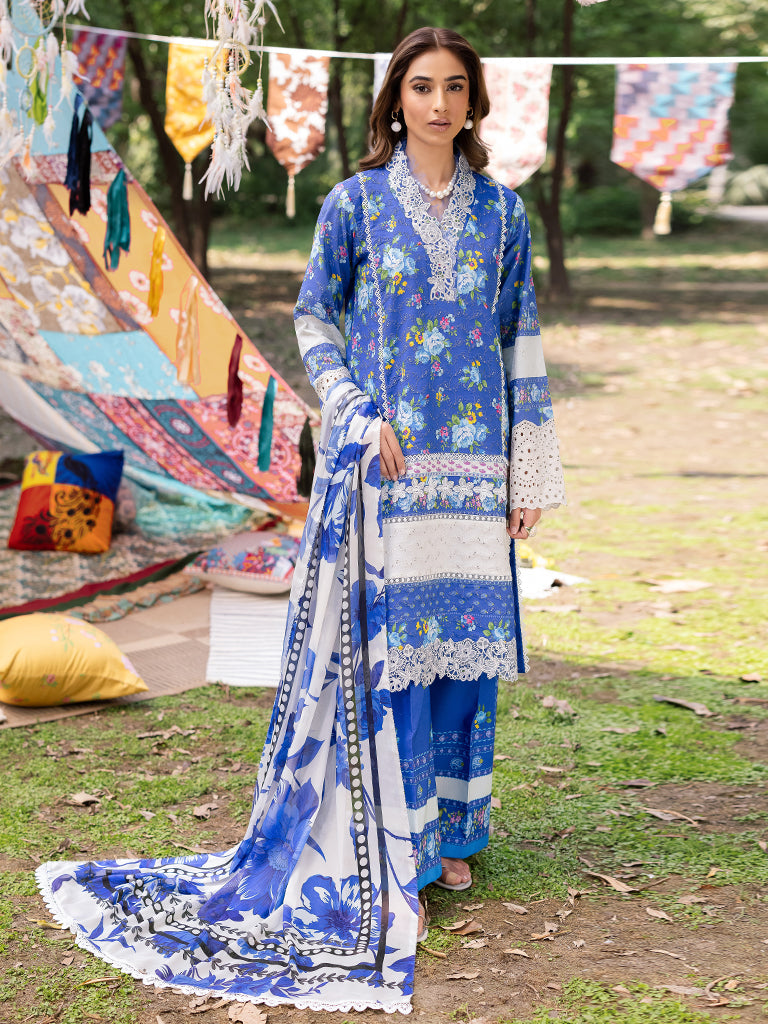 Rajbari | Schiffli Printkari Exclusive | Schiffli Printkari - 06 XS Peacock Blue Lawn