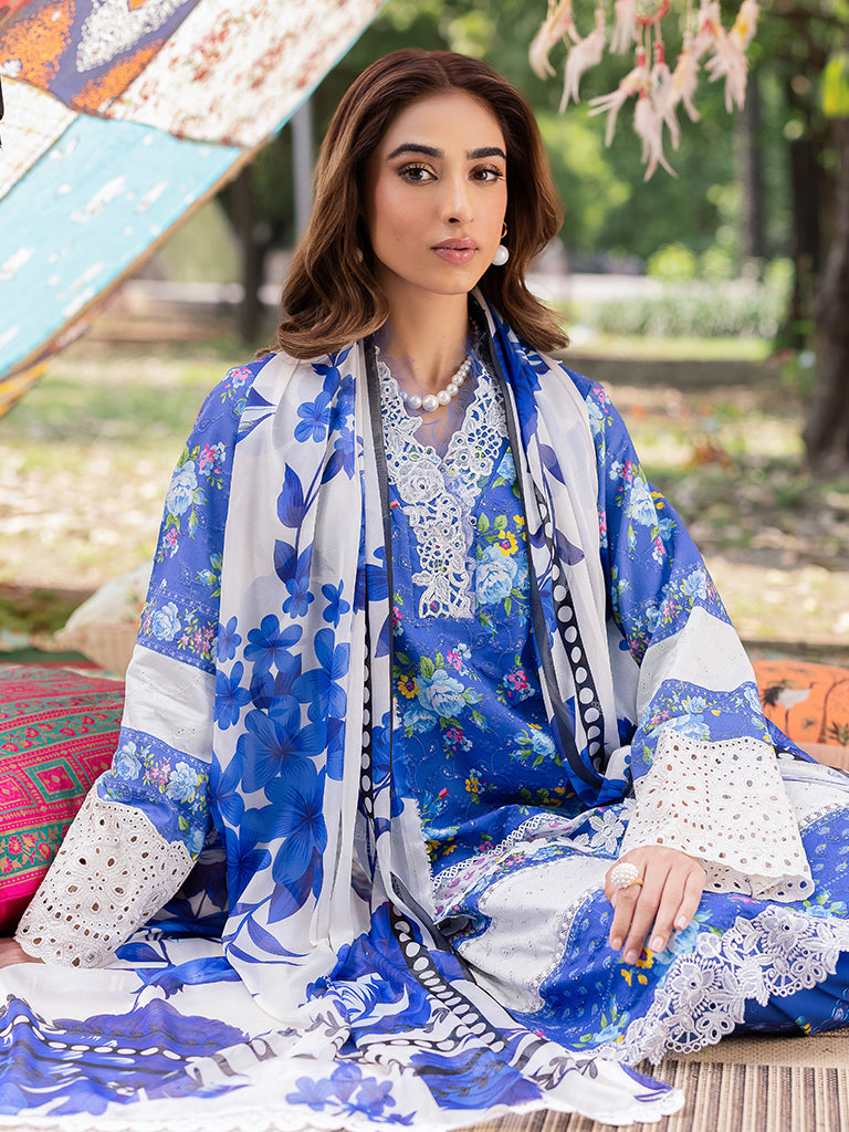 Rajbari | Schiffli Printkari Exclusive | Schiffli Printkari - 06 XL Peacock Blue Lawn