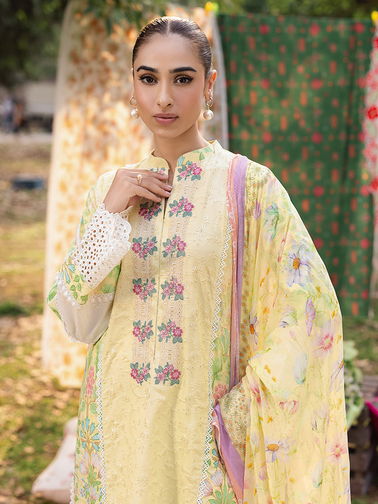 Rajbari | Schiffli Printkari Exclusive | Schiffli Printkari - 11 M Pastel Yellow Lawn