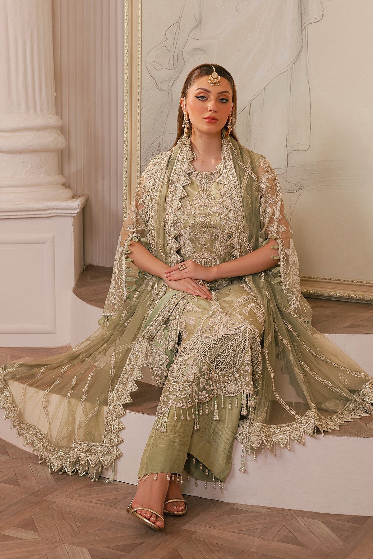 Raeesa Premium | Ada Premium Collection | HU - 41 Haya Custom Size Tea Green Organza