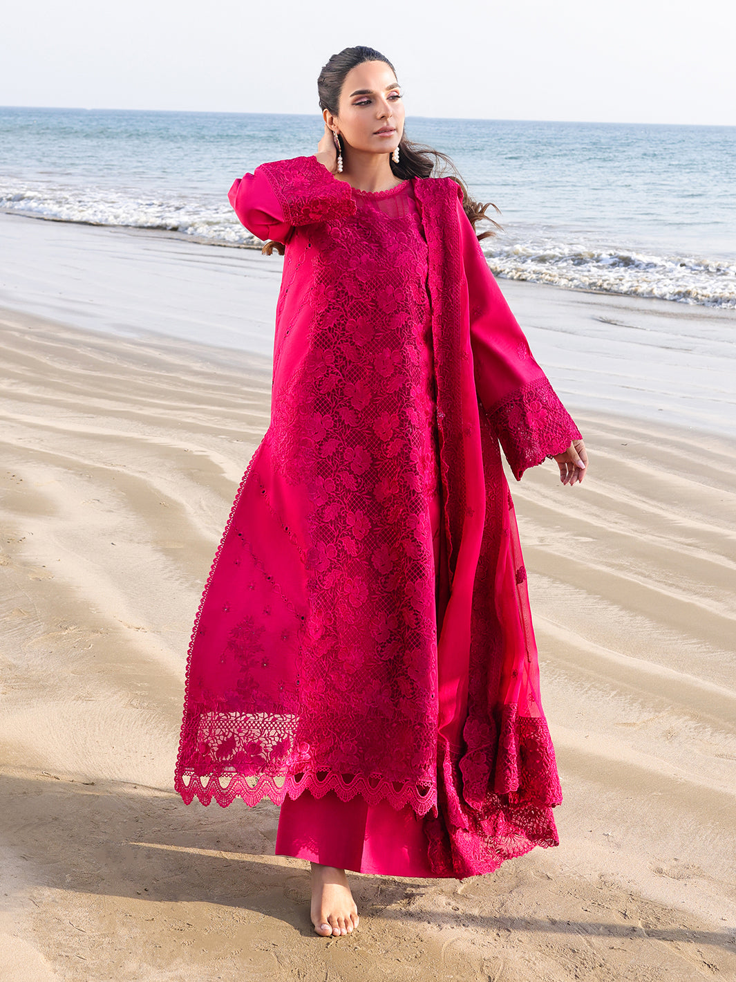 Faiza Faisal | Marine Luxury Lawn 25 | AROHA S Candy Pink Lawn
