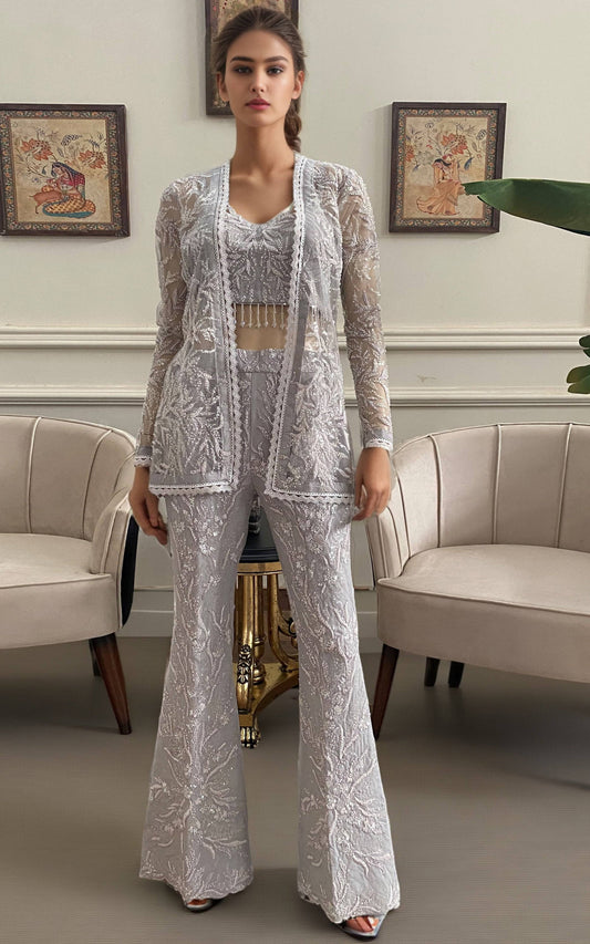 Threads and Motifs | Formal Dresses 25 | Net Embroidered Jacket With Embroidered Trouser - Pakistani Designer Dress - by Threads and Motifs - Type : Ladies Clothes - 100% Original at Saira Sultan