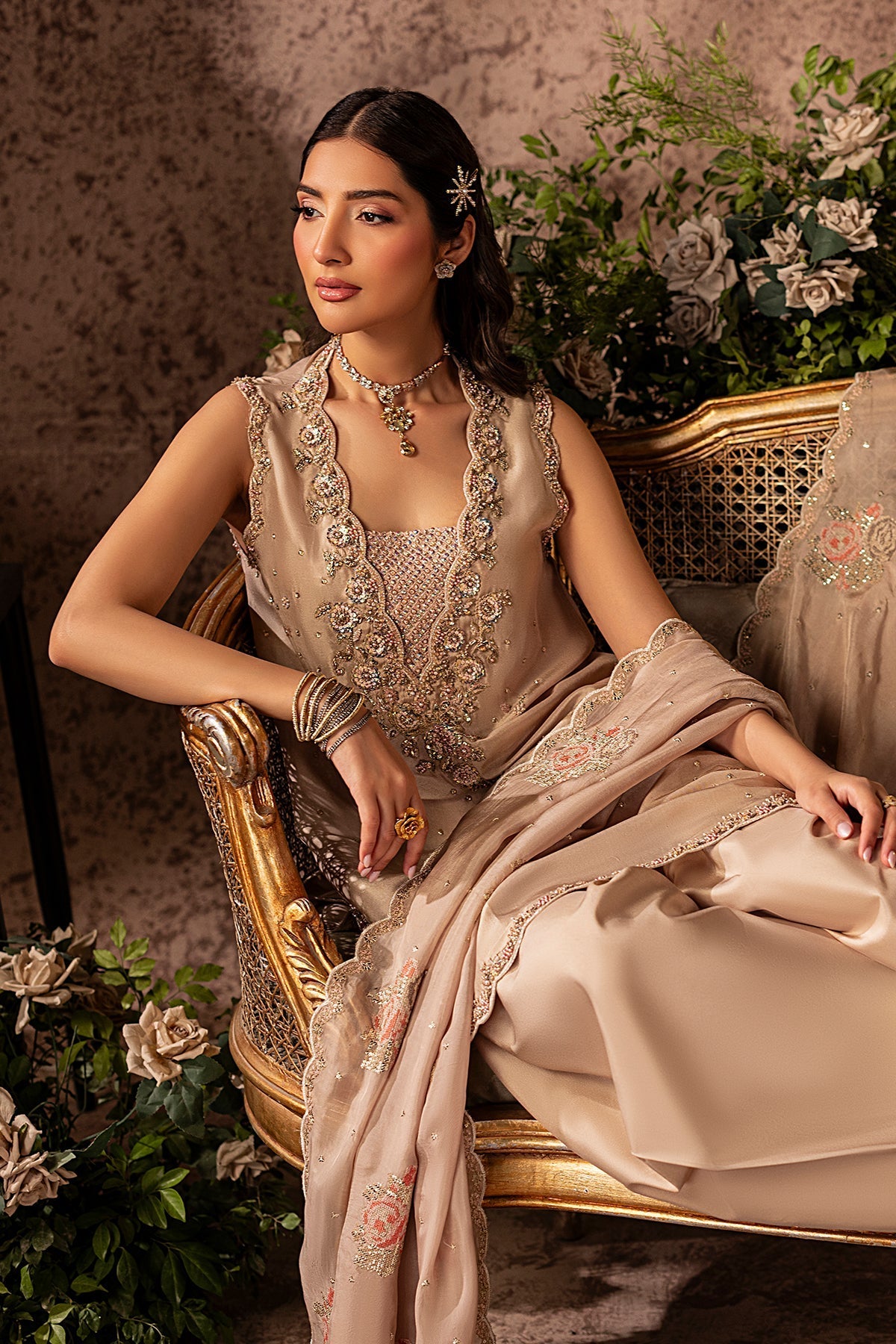 Mina Kashif | Loona Lawn 25 | Garnet Custom Size Beige Tussar Silk