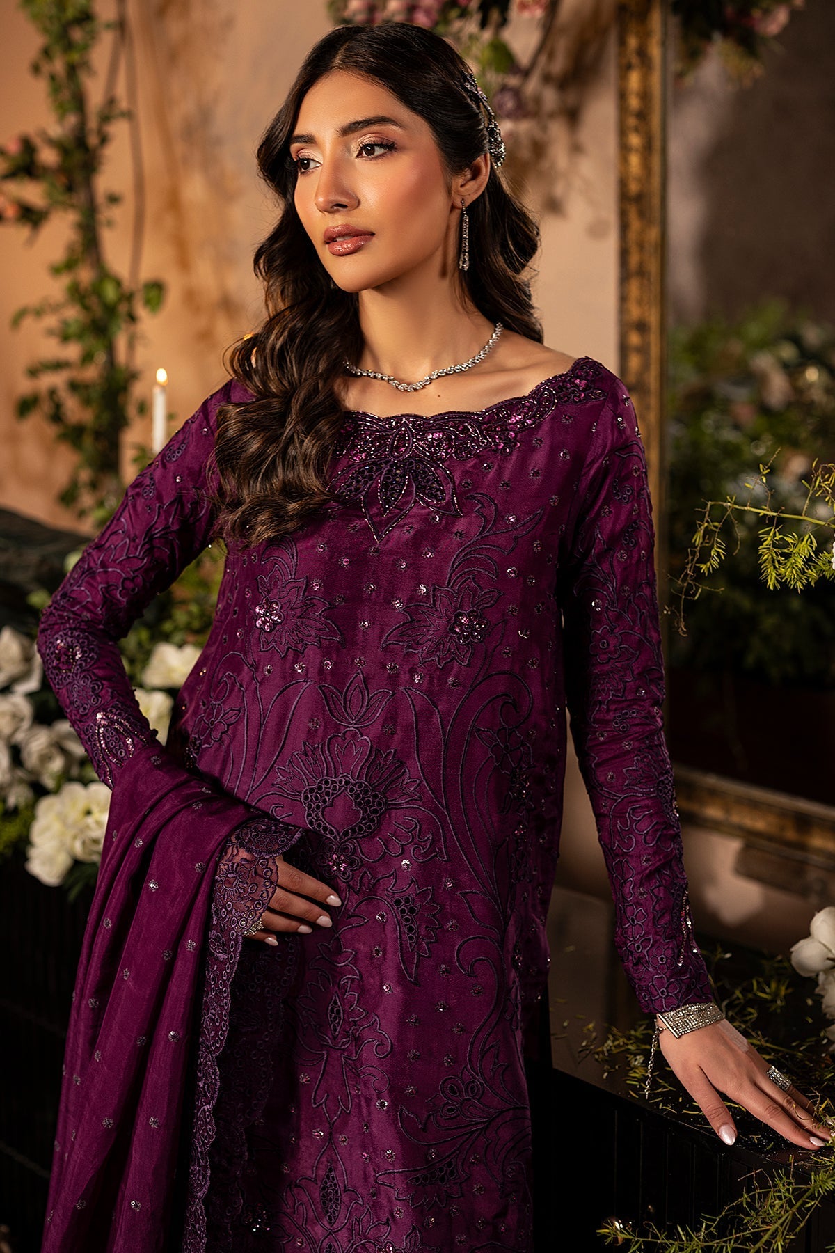 Mina Kashif | Loona Lawn 25 | Jade L Dark Purple Tussar Silk