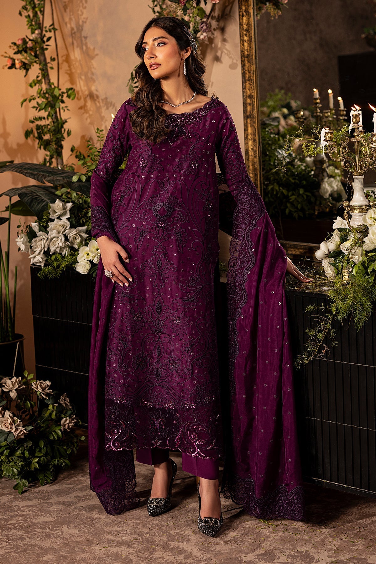 Mina Kashif | Loona Lawn 25 | Jade Custom Size Dark Purple Tussar Silk