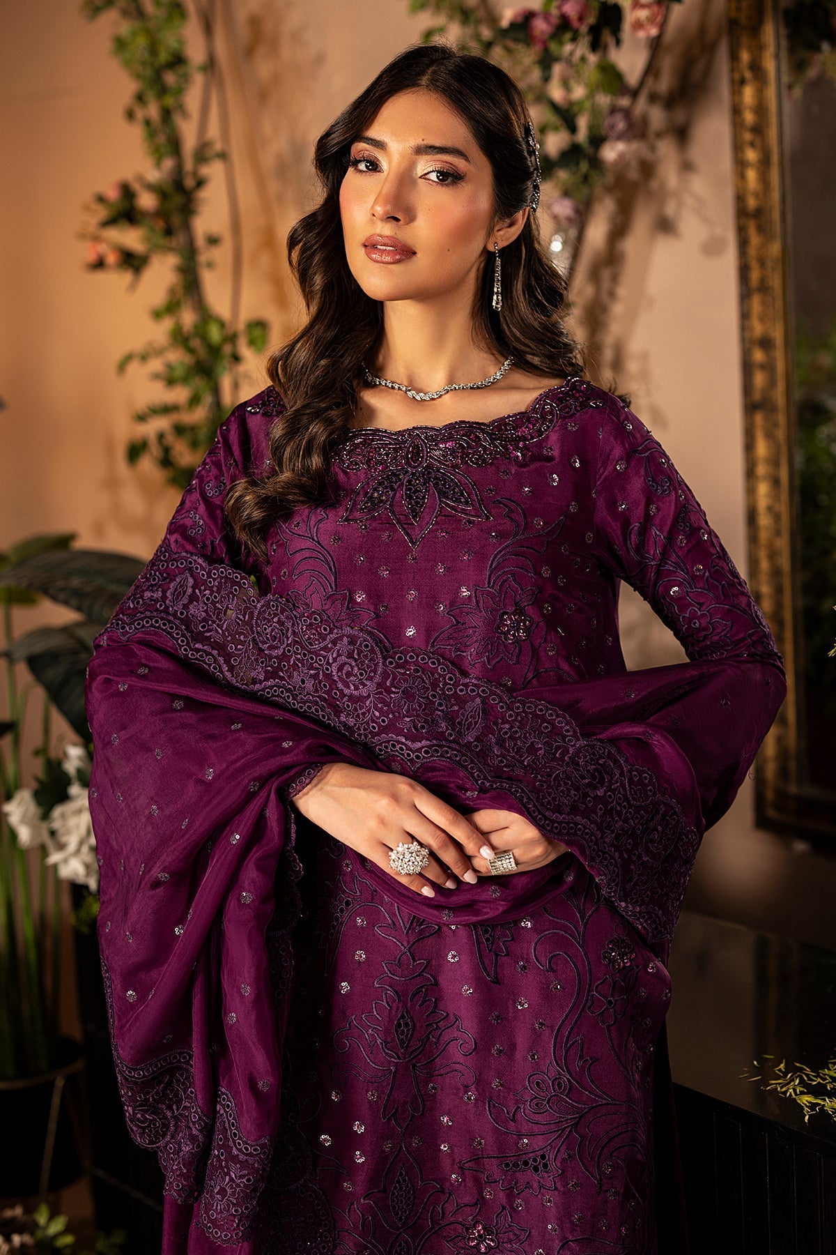 Mina Kashif | Loona Lawn 25 | Jade XL Dark Purple Tussar Silk
