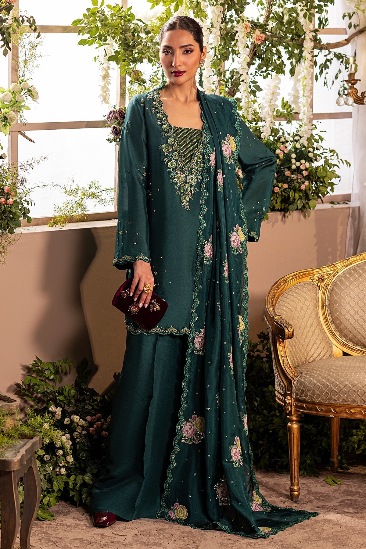 Mina Kashif | Loona Lawn 25 | Zircon XS Mid Green Tussar Silk