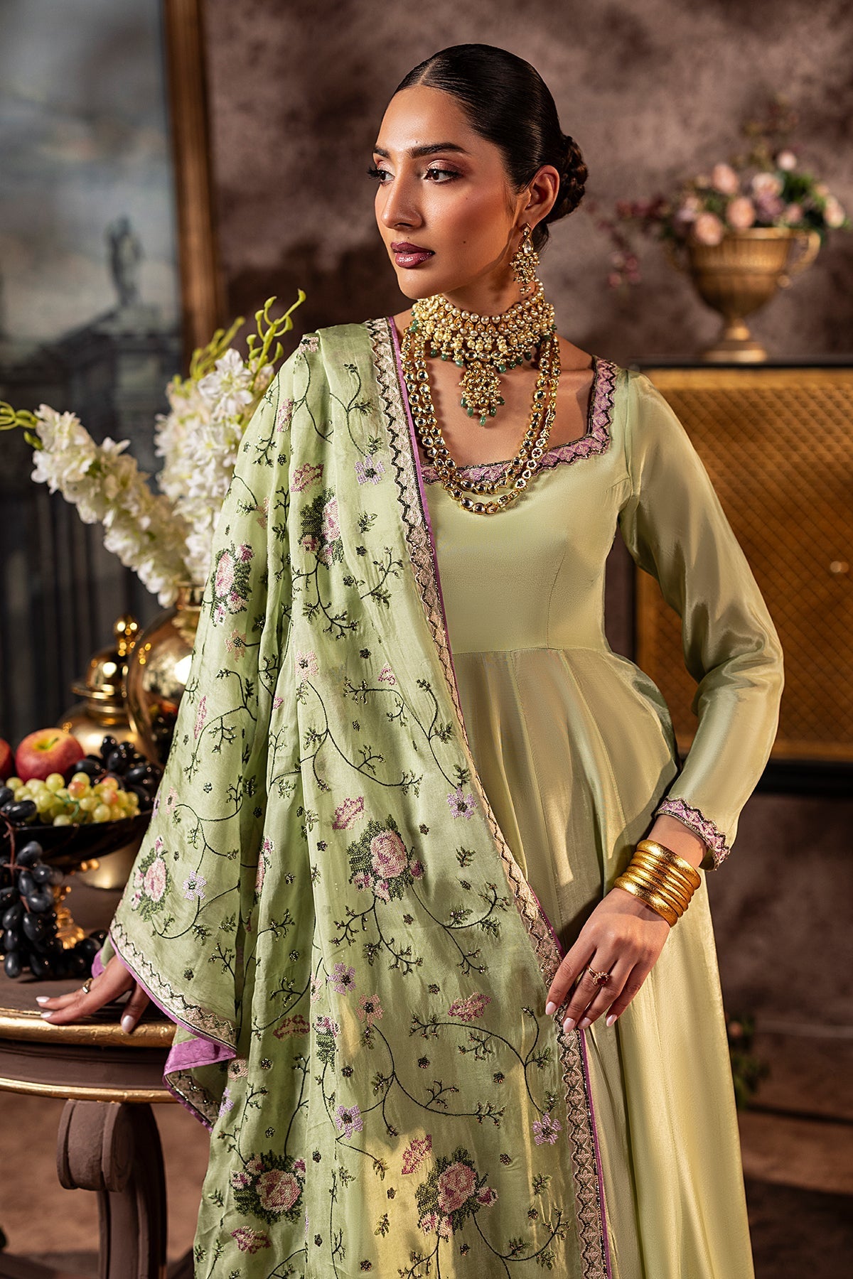 Mina Kashif | Loona Lawn 25 | Elan L Apple Green Roman Silk