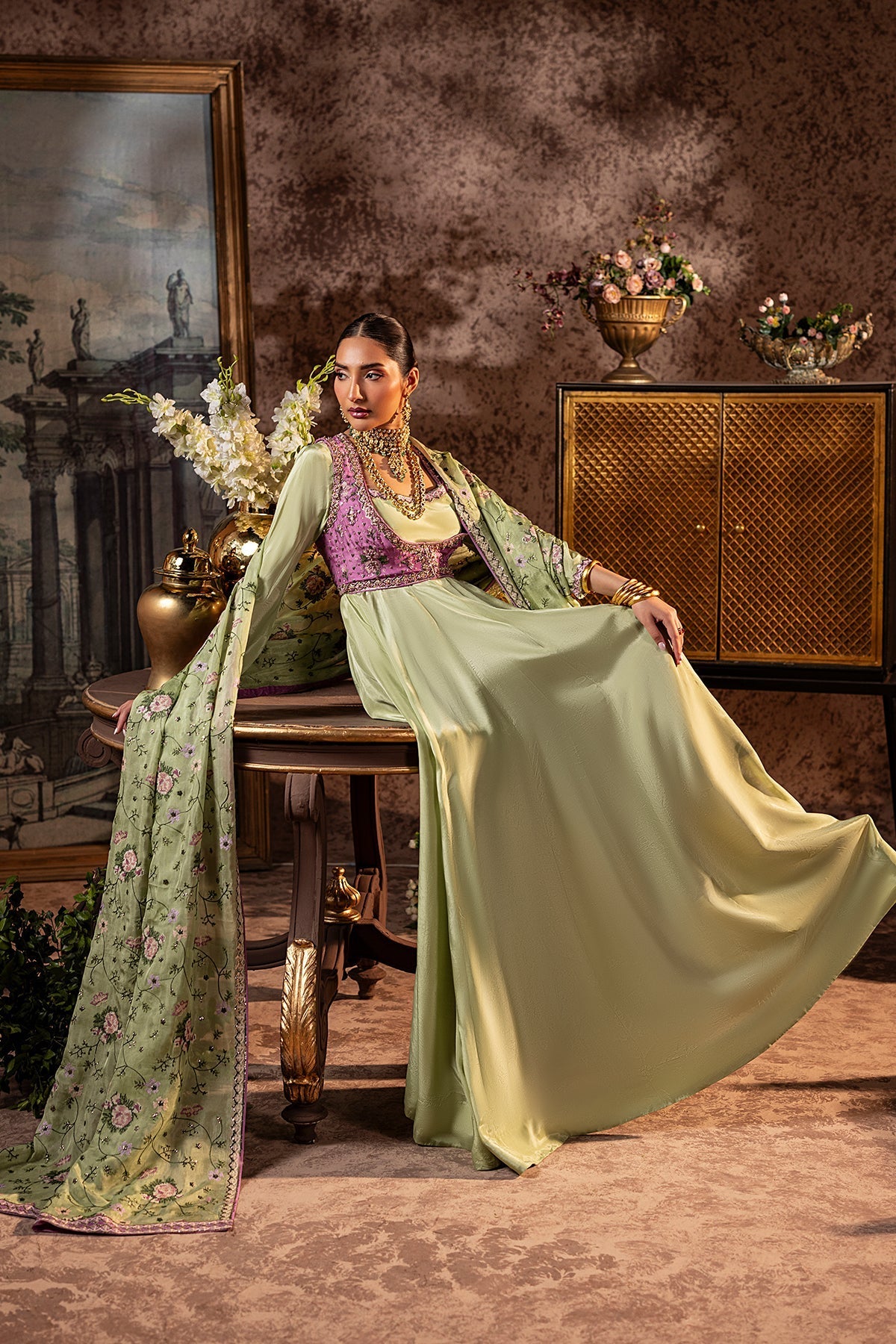 Mina Kashif | Loona Lawn 25 | Elan Custom Size Apple Green Roman Silk