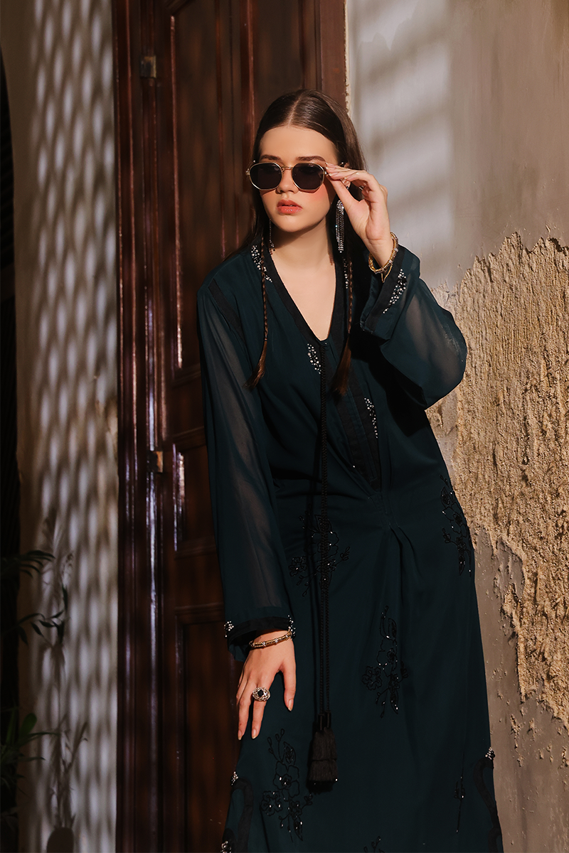 Mona Imran | Dilzaib Formals | Haniya XL Deep Teal Pure Chiffon