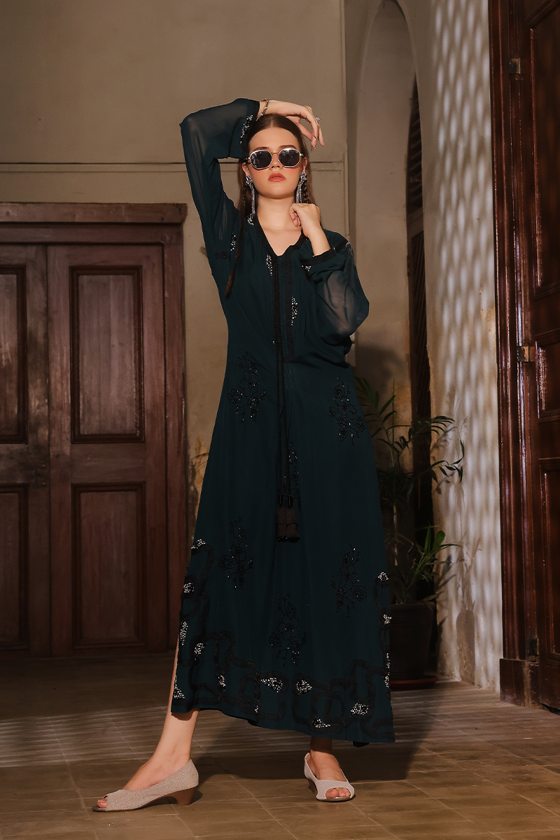 Mona Imran | Dilzaib Formals | Haniya XS Deep Teal Pure Chiffon