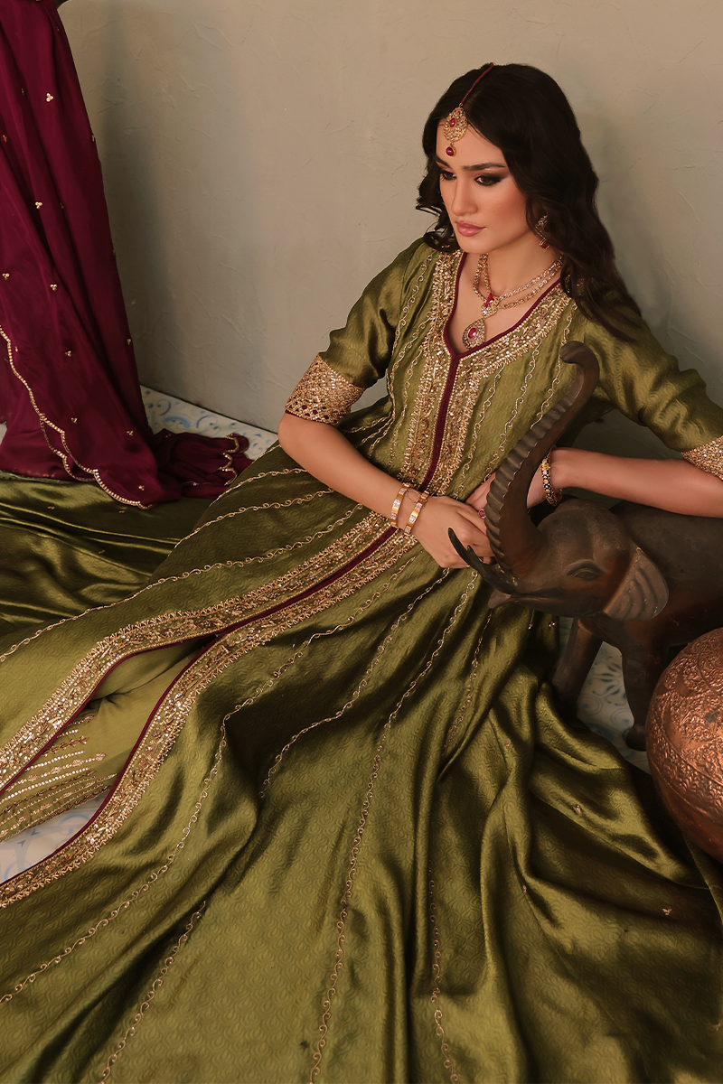 Mona Imran | Dilzaib Formals | Heer Custom Size Dark Mehndi Pure Sheesha Silk