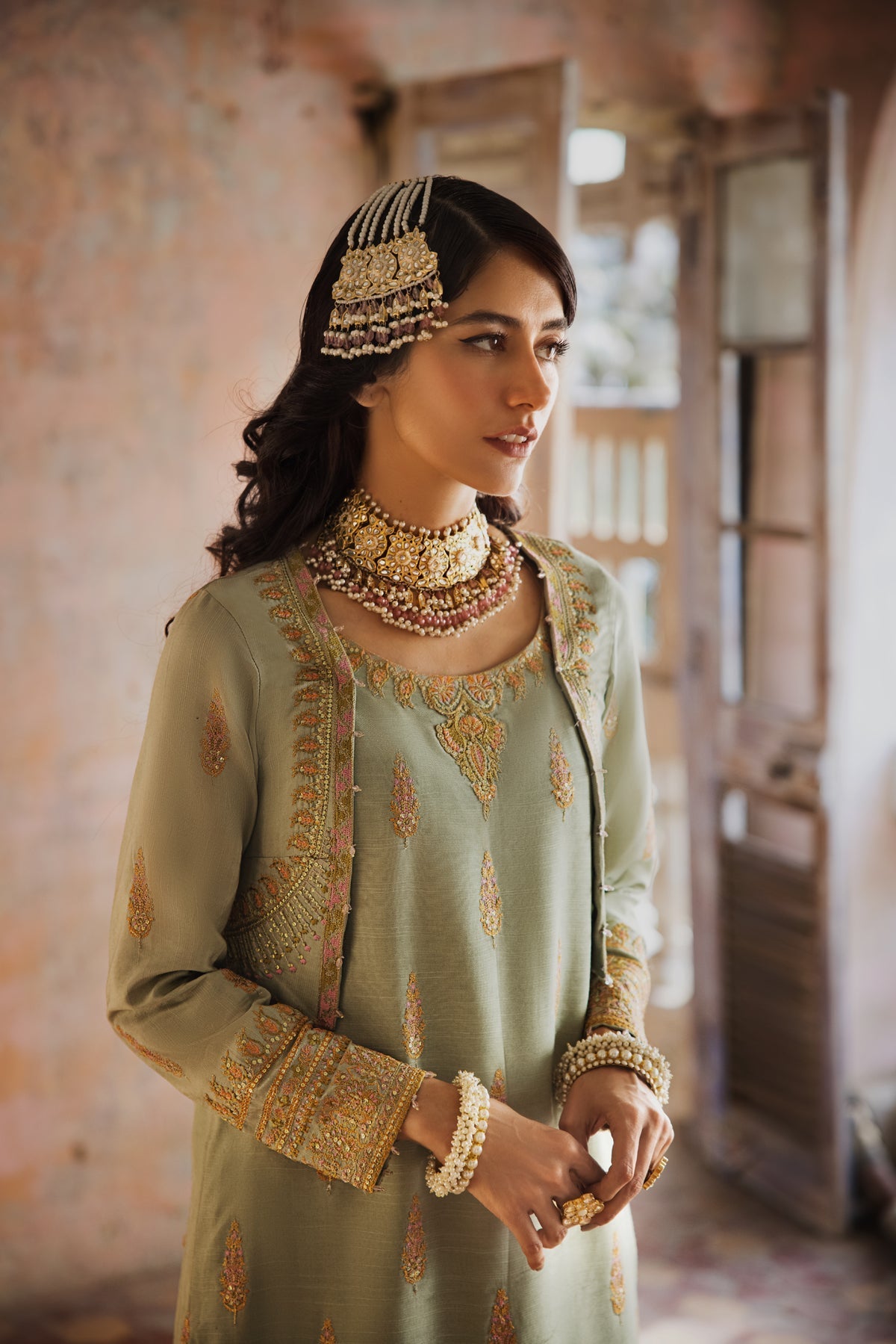Erum Khan | Umaima Eid Edit | DARAKSHAN M Sage Green Raw Silk