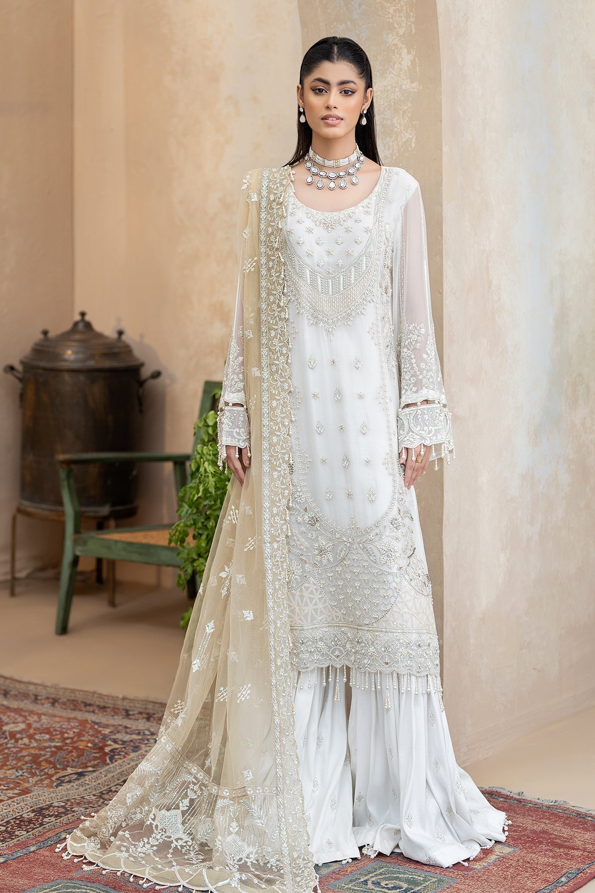 Raeesa Premium | Ada Premium Collection | HU - 49 Aab-E-Zar XS White Chiffon