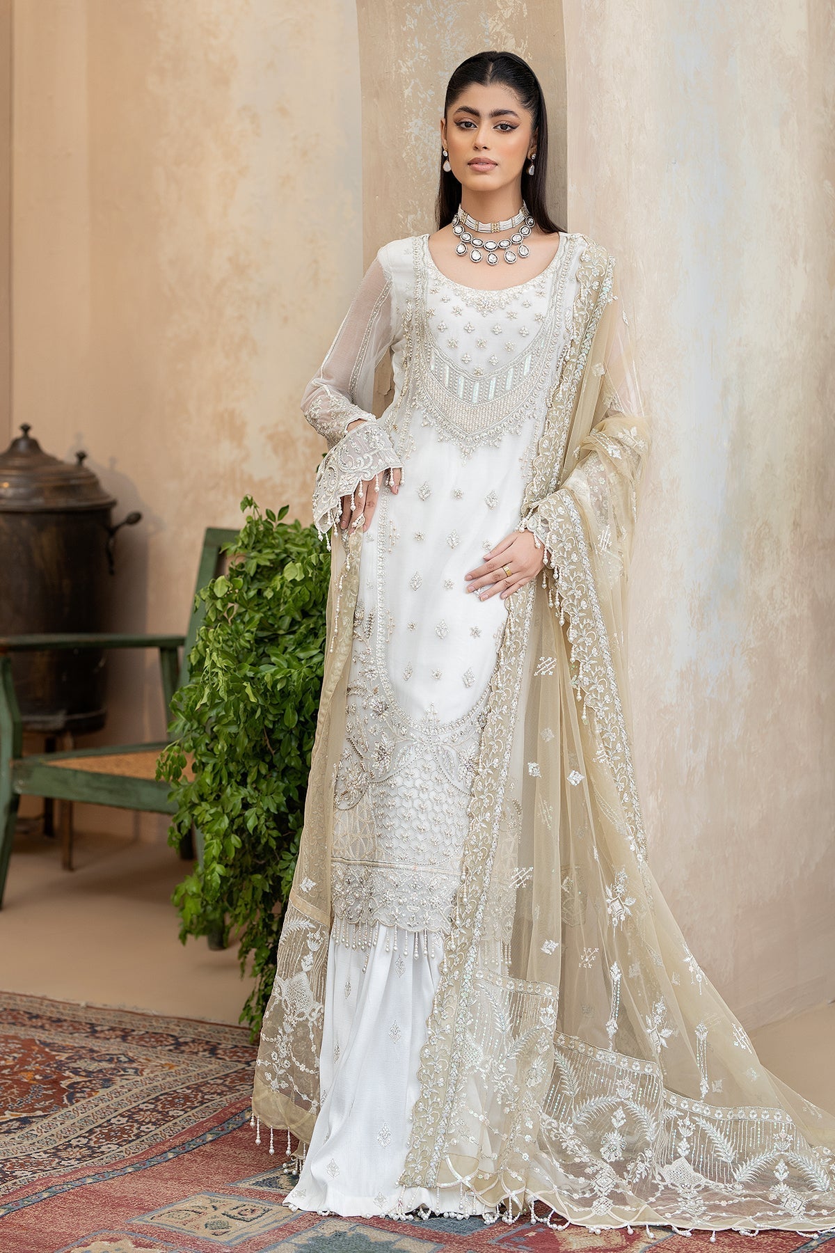 Raeesa Premium | Ada Premium Collection | HU - 49 Aab-E-Zar Custom Size White Chiffon